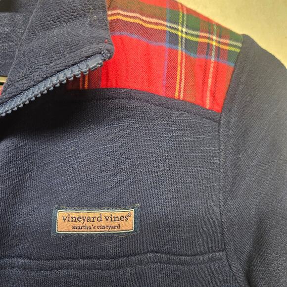 Vineyard Vines Blue 1/4 Zip Sweatshirt Pullover Plaid Shoulders - Picture 2 of 7